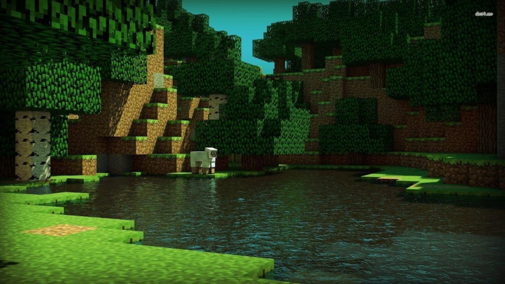 Minecraft wallpaper lake and sheep